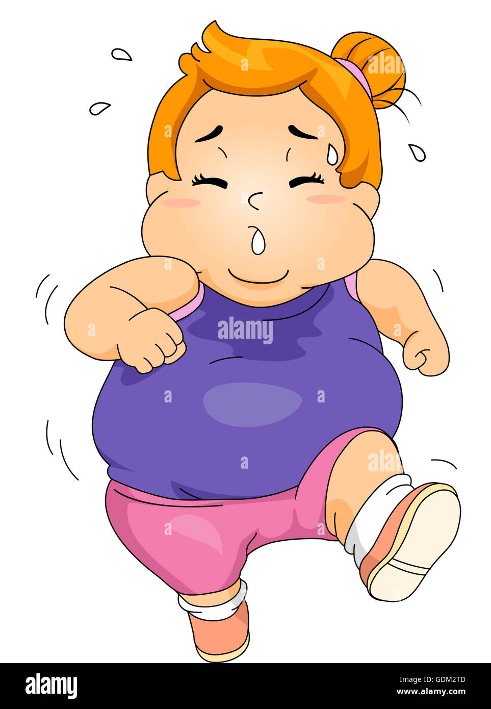 Illustration of an Obese Girl Sweating Profusely While Jogging Stock Photo