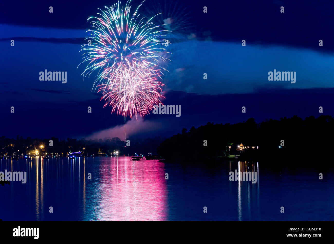 steamboat bay in east gull lake during fourth of july fireworks celebration over lake outside brainerd minnesota Stock Photo