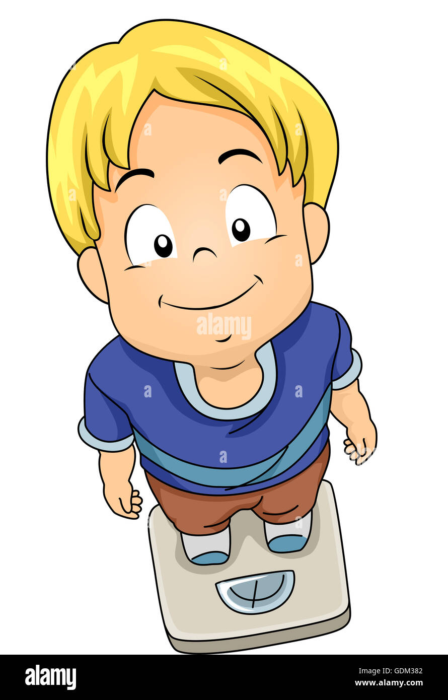 Illustration of a Little Boy Standing on a Weighing Scale Stock Photo