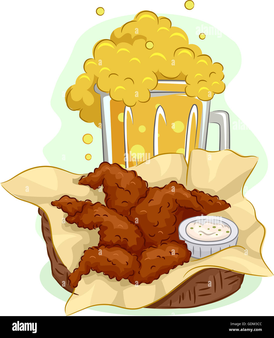 Illustration of a Mug Overflowing With Beer and a Basket Full of Buffalo Wings Stock Photo