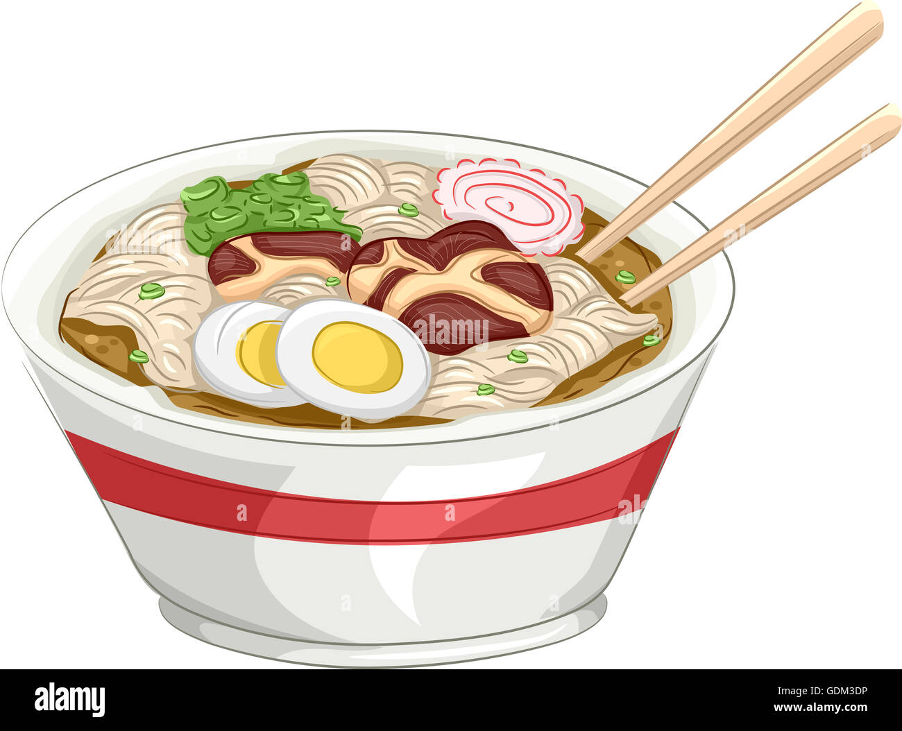 Illustration of a Bowl of Naruto Ramen With a Pair of Chopsticks Resting on the Side Stock Photo