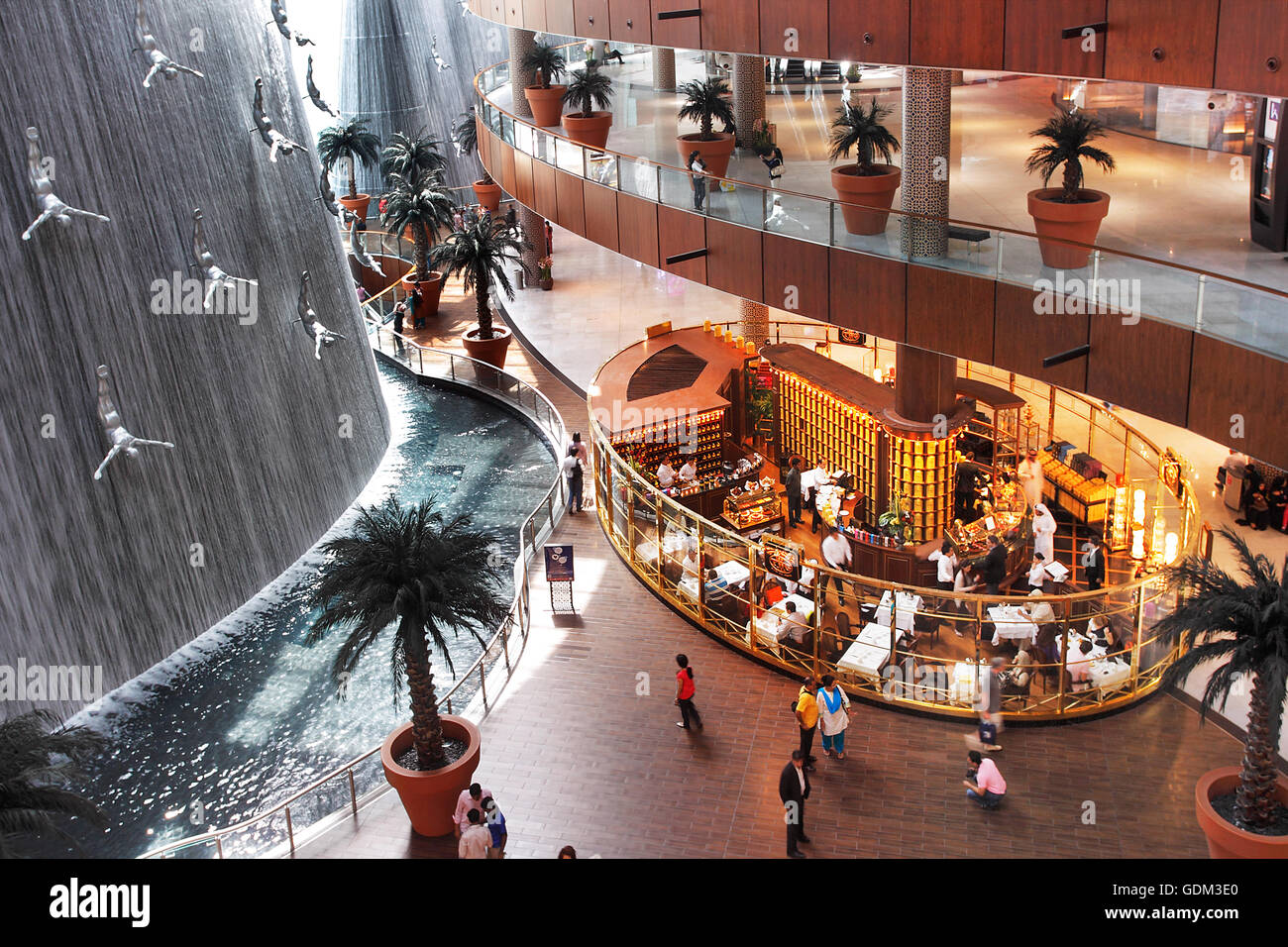 Dubai Mall, tea shop and waterfall, Dubai, UAE Stock Photo Alamy