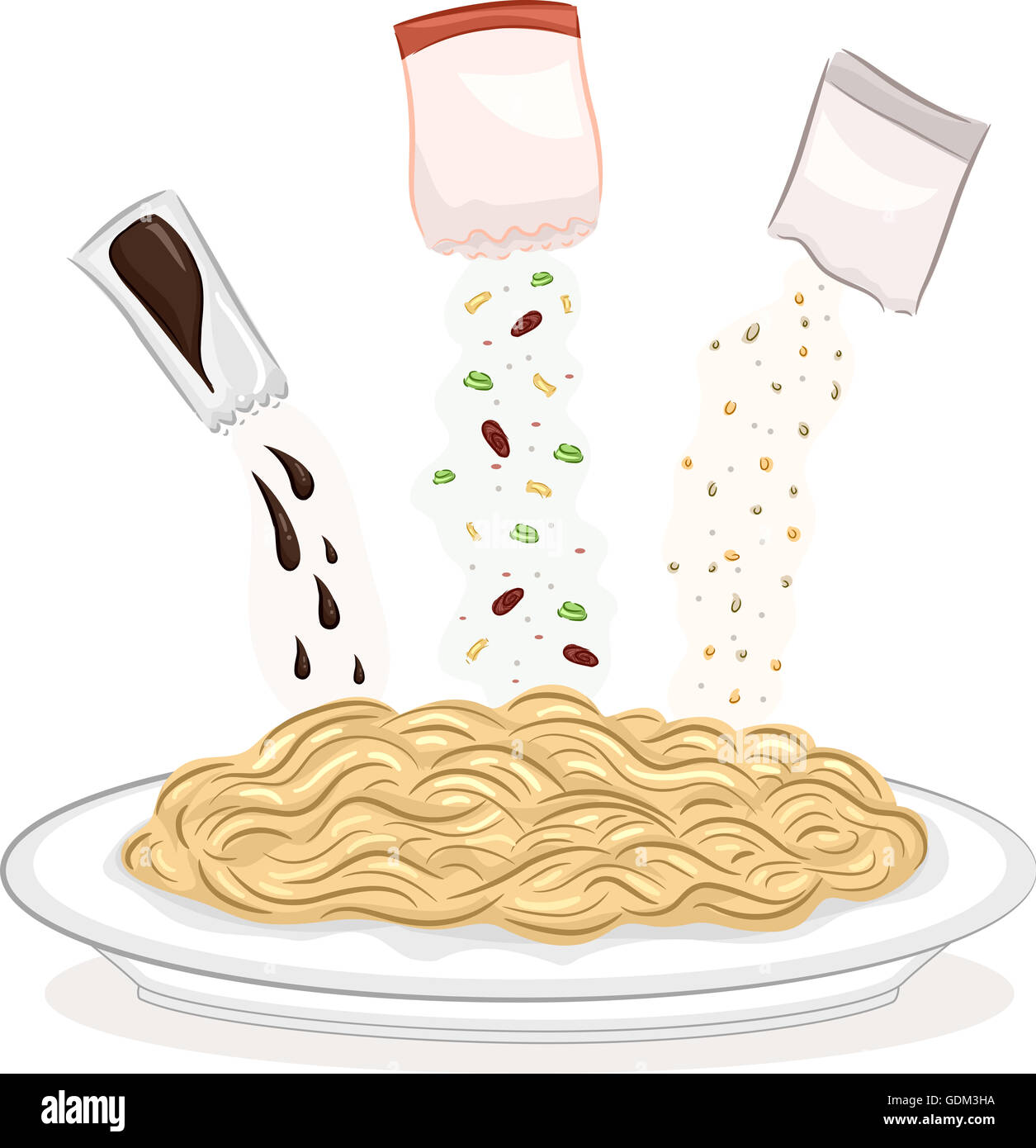 Illustration of a Plate of Instant Noodles With Different Seasonings Hovering Above It Stock Photo