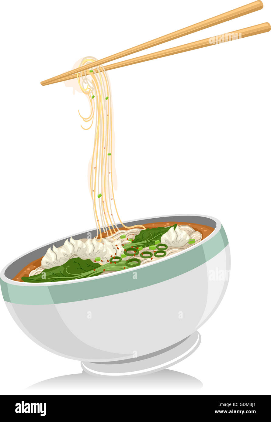 Illustration of a Bowl of Wonton Noodles With a Pair of Chopsticks Hovering Above Stock Photo