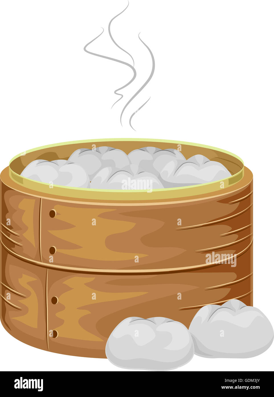Illustration of a Bamboo Steamer Filled With Steaming Hot Meat Buns