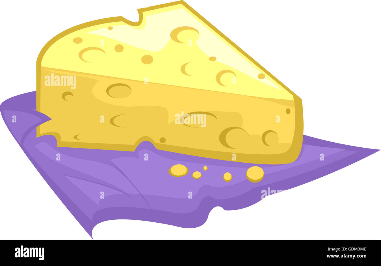 Illustration of a Slice of Swiss Cheese Resting on a Purple Cloth Stock