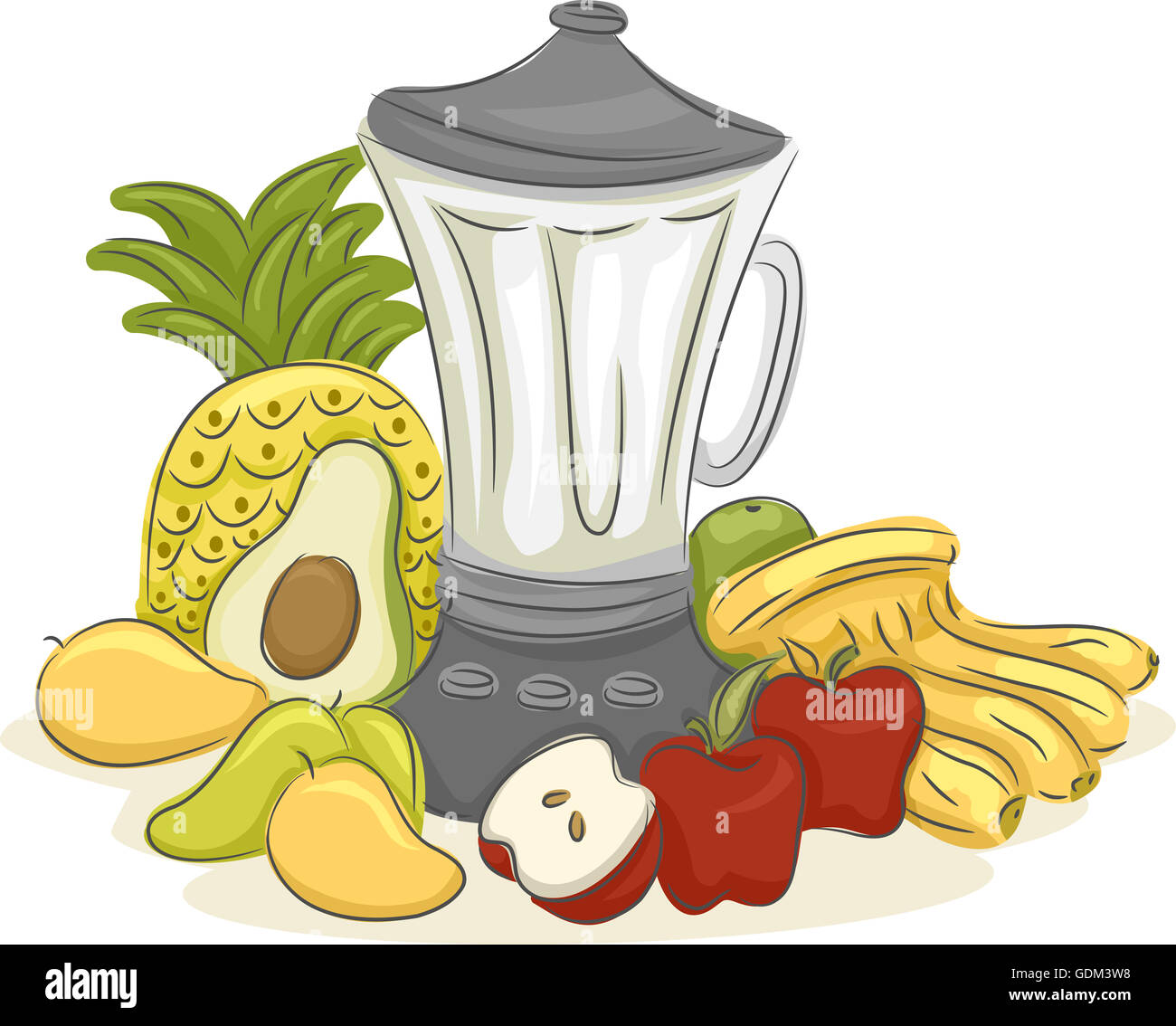 Illustration of an Electric Blender Surrounded by Different Fruits Stock Photo