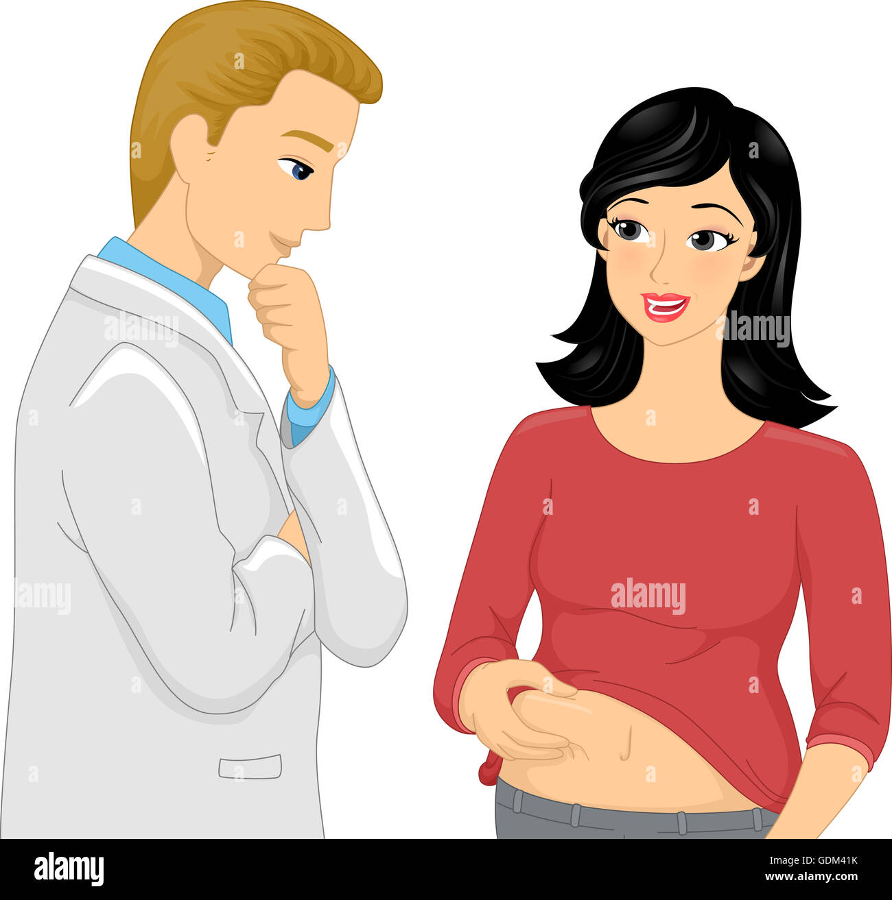 Illustration of a Woman Showing Her Belly to Her Cosmetic Surgeon Stock Photo