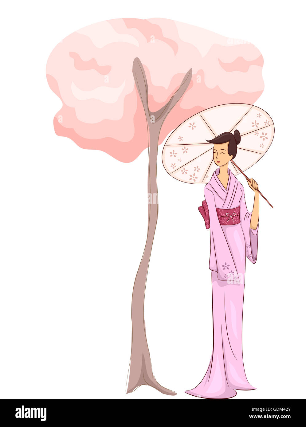 Illustration of a Woman in a Kimono Standing Beside a Cherry Blossom ...