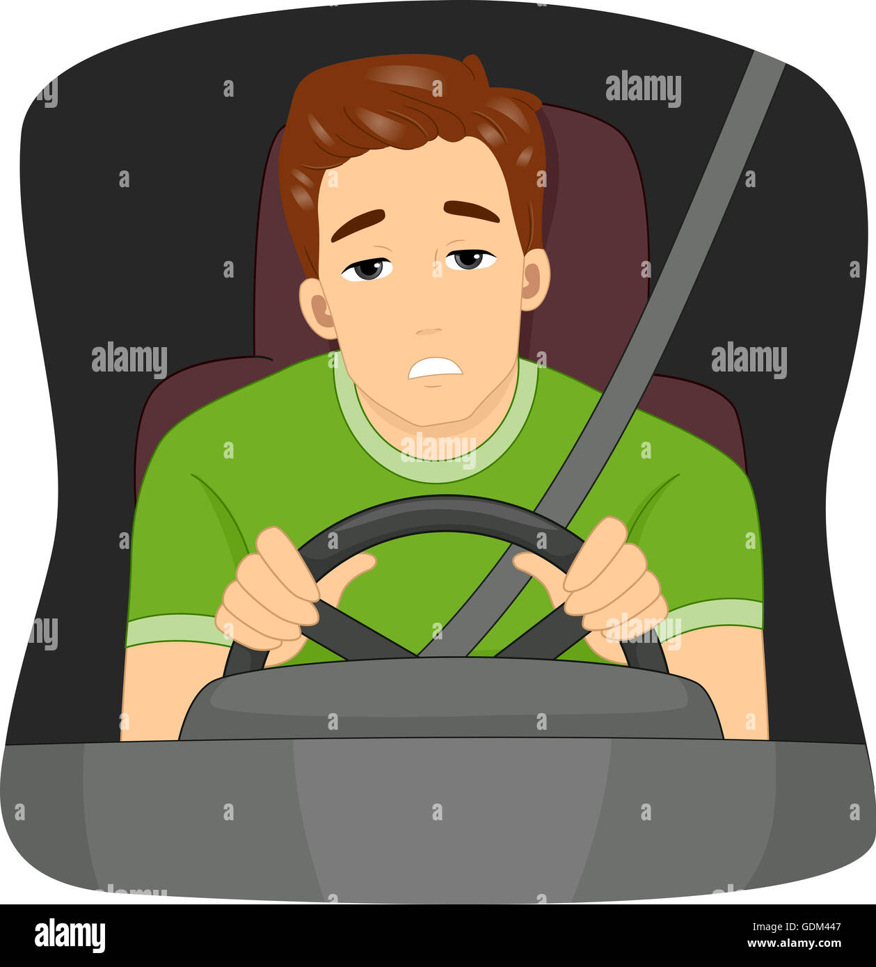 Illustration of a Sleepy Male Driver Dozing Off While Driving Stock Photo