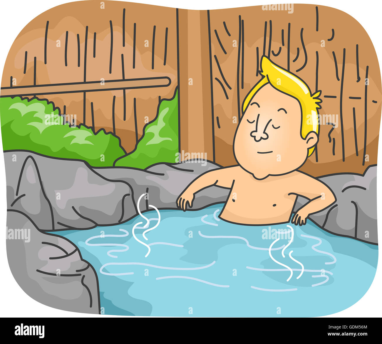 Illustration of a Man Having a Relaxing Time While Soaking in a Hot Spring Stock Photo