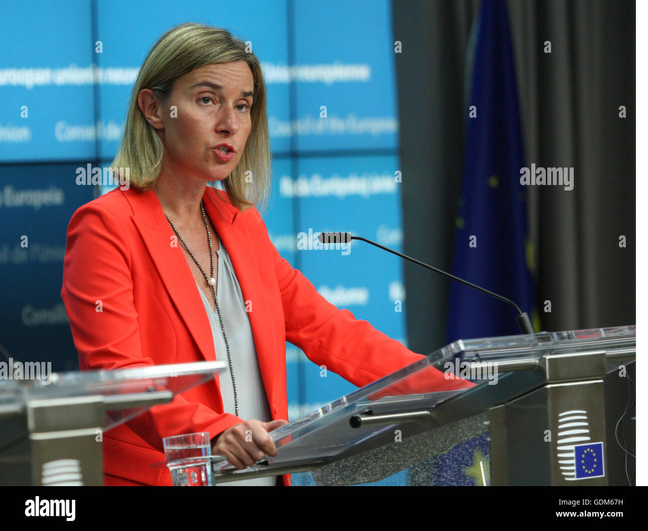 Brussels, Belgium. 18th July, 2016. Federica Mogherini, High Representative of the European Union for Foreign Affairs and Security Policy concluding press conference informing the main points discussed at this meeting of the Council of foreign ministers Credit:  Leonardo Hugo Cavallo/Alamy Live News Stock Photo