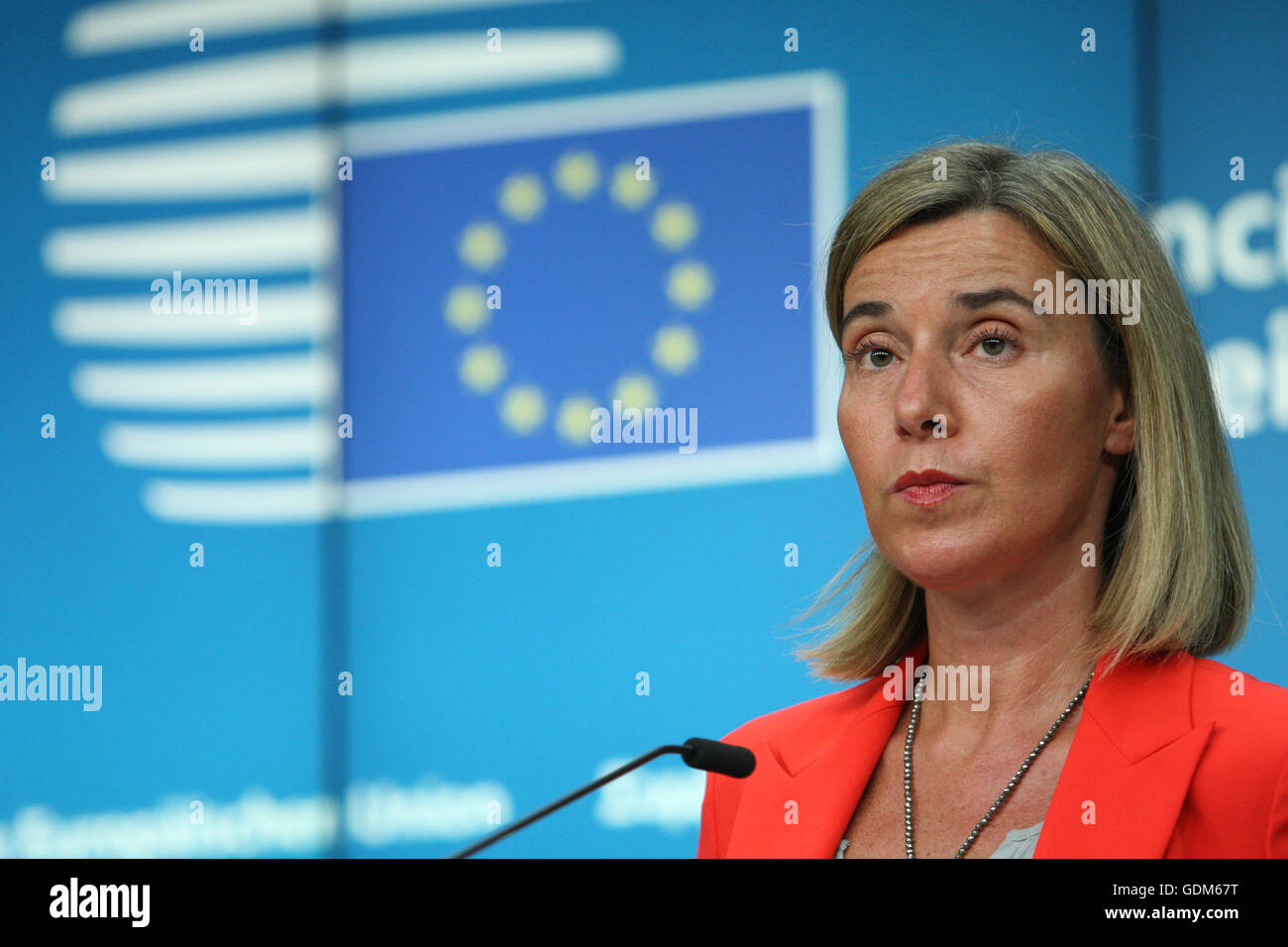 Brussels, Belgium. 18th July, 2016. Federica Mogherini, High Representative of the European Union for Foreign Affairs and Security Policy concluding press conference informing the main points discussed at this meeting of the Council of foreign ministers Credit:  Leonardo Hugo Cavallo/Alamy Live News Stock Photo