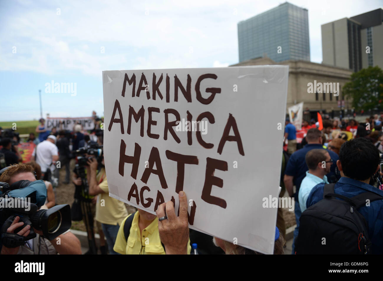 Cleveland, USA. 18th July, 2016. People protest against Donald Trump on the first day of the Republican National Convention in Cleveland, Ohio, the United States, July 18, 2016. © Yin Bogu/Xinhua/Alamy Live News Stock Photo