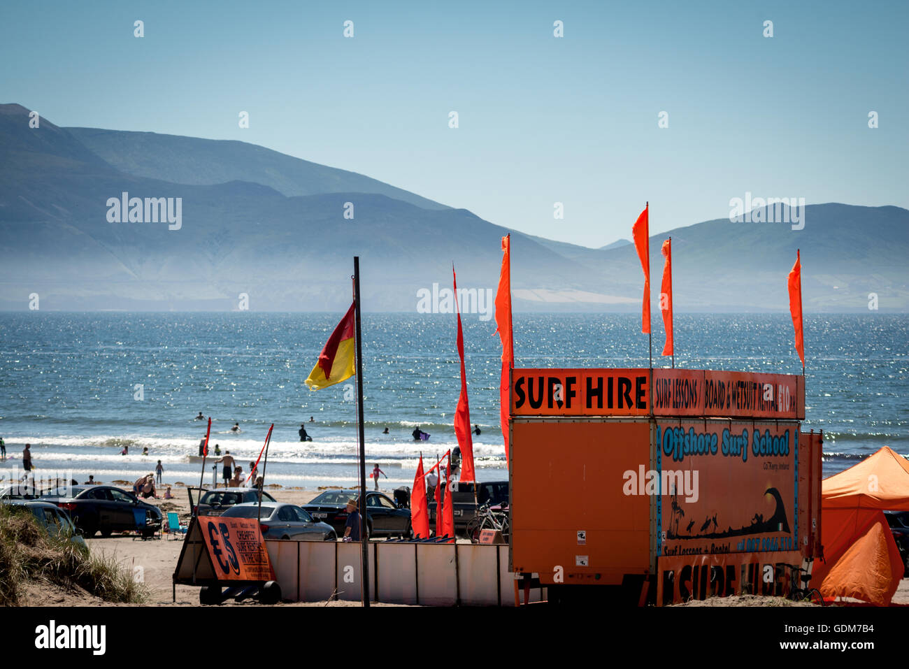 Ireland beach and colourful surf hire orange shack cabin at Inch Beach  Strand, County Kerry, Ireland as of 2016 Stock Photo - Alamy