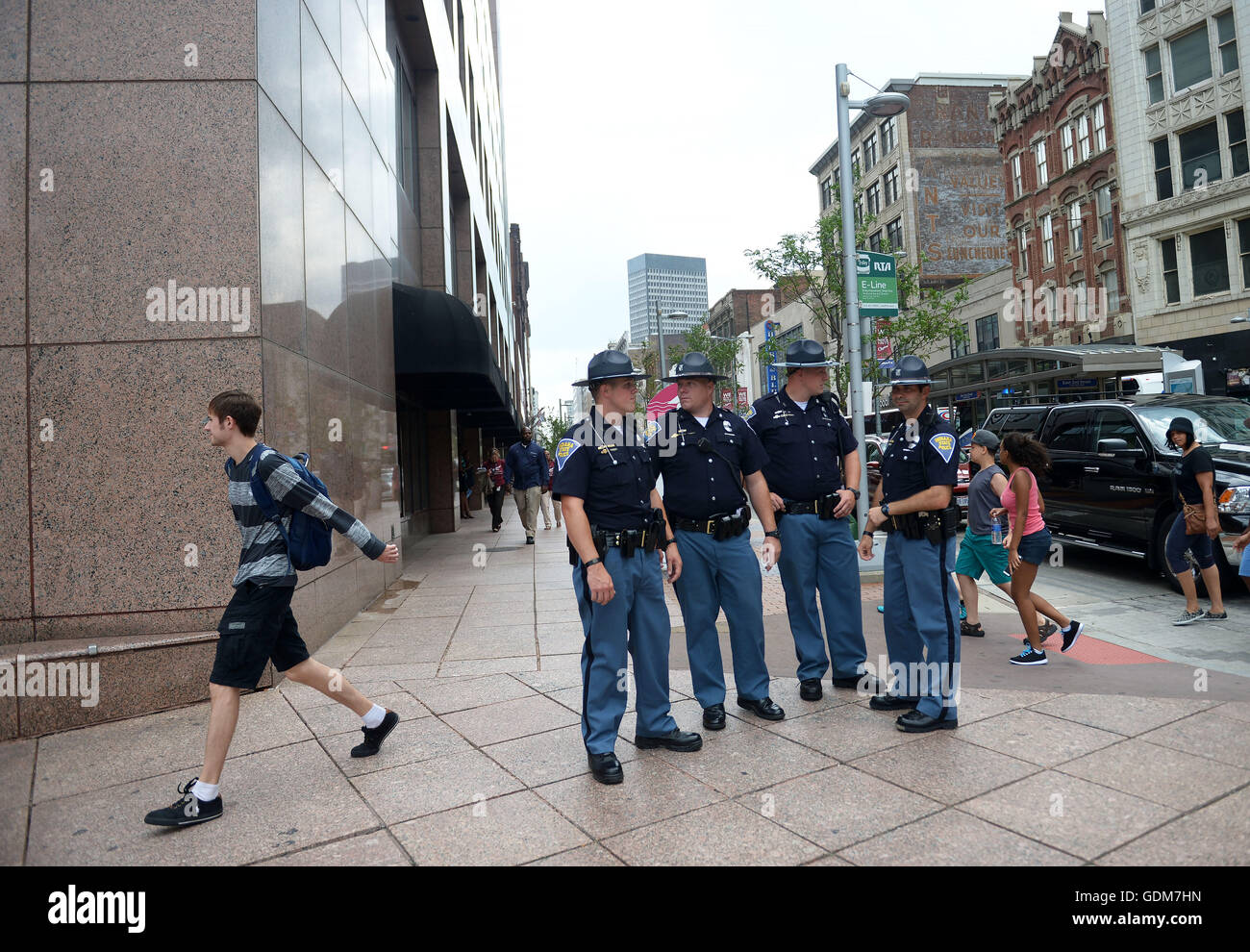 Cleveland, USA. 18th July, 2016. Police patrol near the Quicken Loans Arena where the Republican National Convention is held in Cleveland, Ohio, the United States, July 18, 2016. © Yin Bogu/Xinhua/Alamy Live News Stock Photo