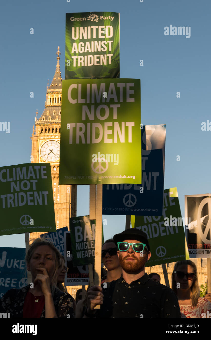 London, UK. 18th July 2016. Anti-nuclear campaigners gathered in Parliament Square to protest against renewal of Britain's Trident nuclear weapons system. On the day the Parliament debated and voted whether to invest up to £205bn in new Trident programme or abolish the project. Wiktor Szymanowicz/Alamy Live News Stock Photo