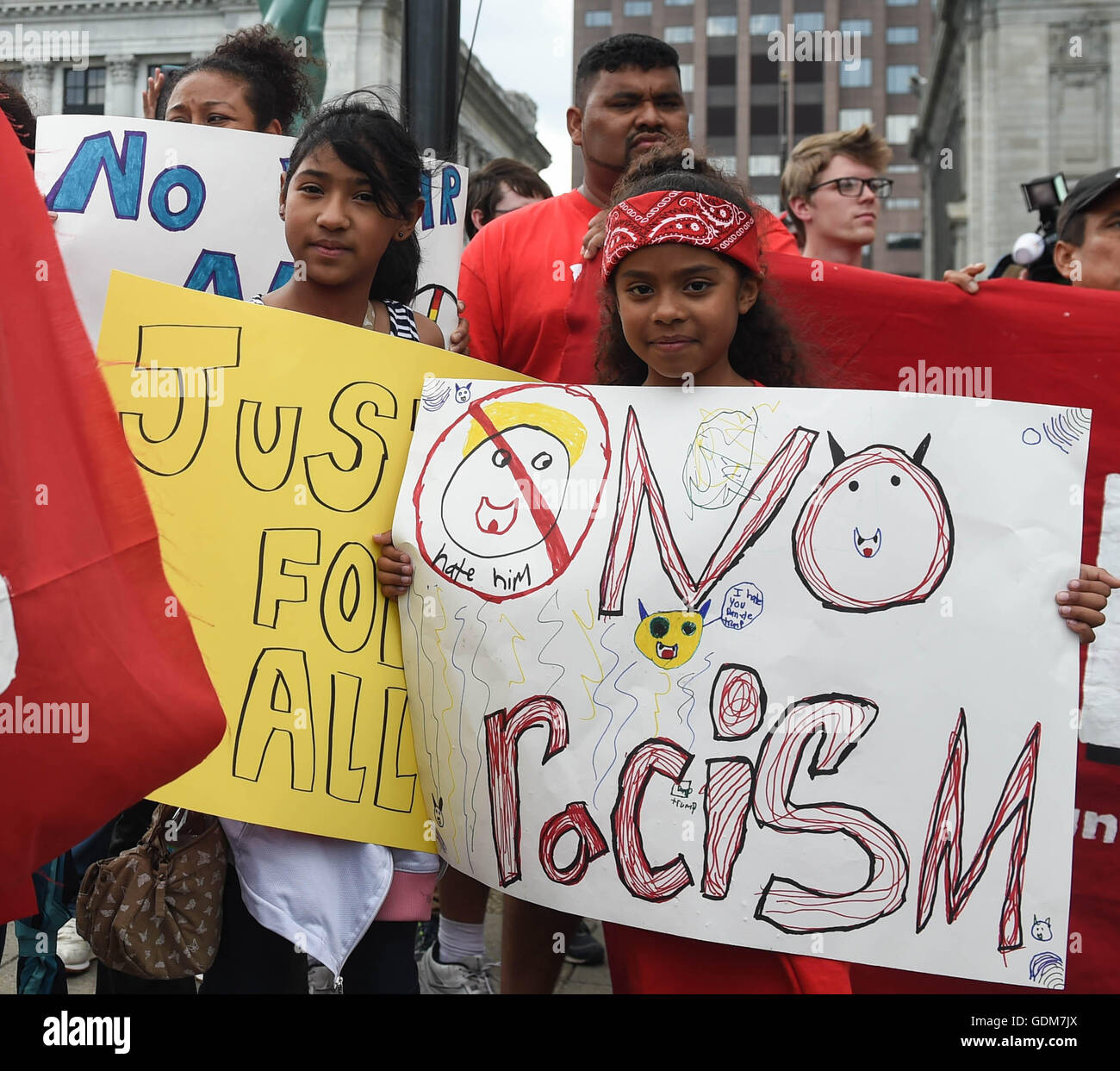 Cleveland, USA. 18th July, 2016. People protest against Donald Trump on the first day of the Republican National Convention in Cleveland, Ohio, the United States, July 18, 2016. © Bao Dandan/Xinhua/Alamy Live News Stock Photo
