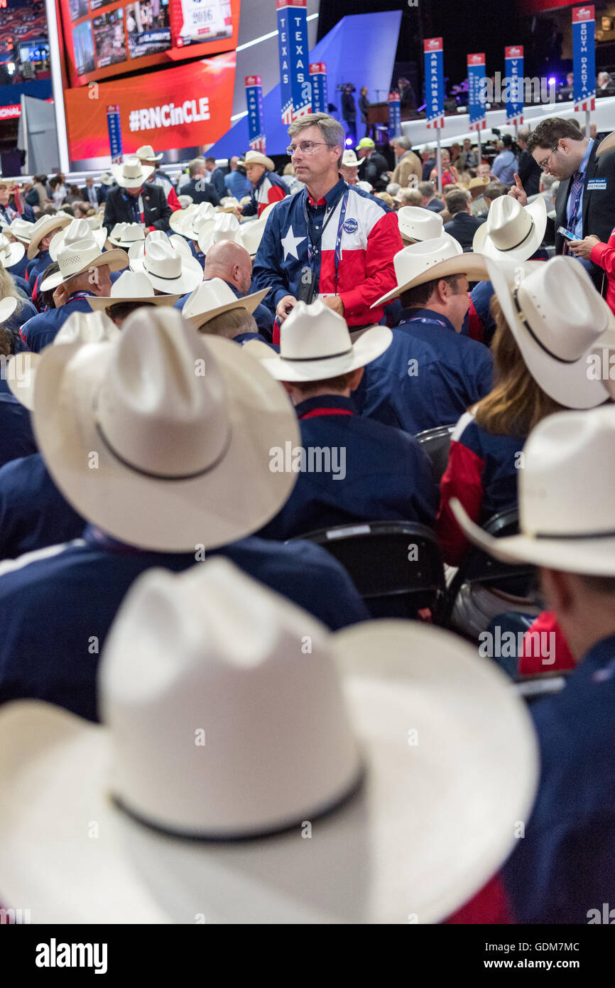 Cleveland, Ohio, USA. 18th July, 2016. Texas republican delegates wearing cowboy hats during the first day of the Republican National Convention at the Quicken Loans Center July 18, 2016 in Cleveland, Ohio. Credit:  Planetpix/Alamy Live News Stock Photo