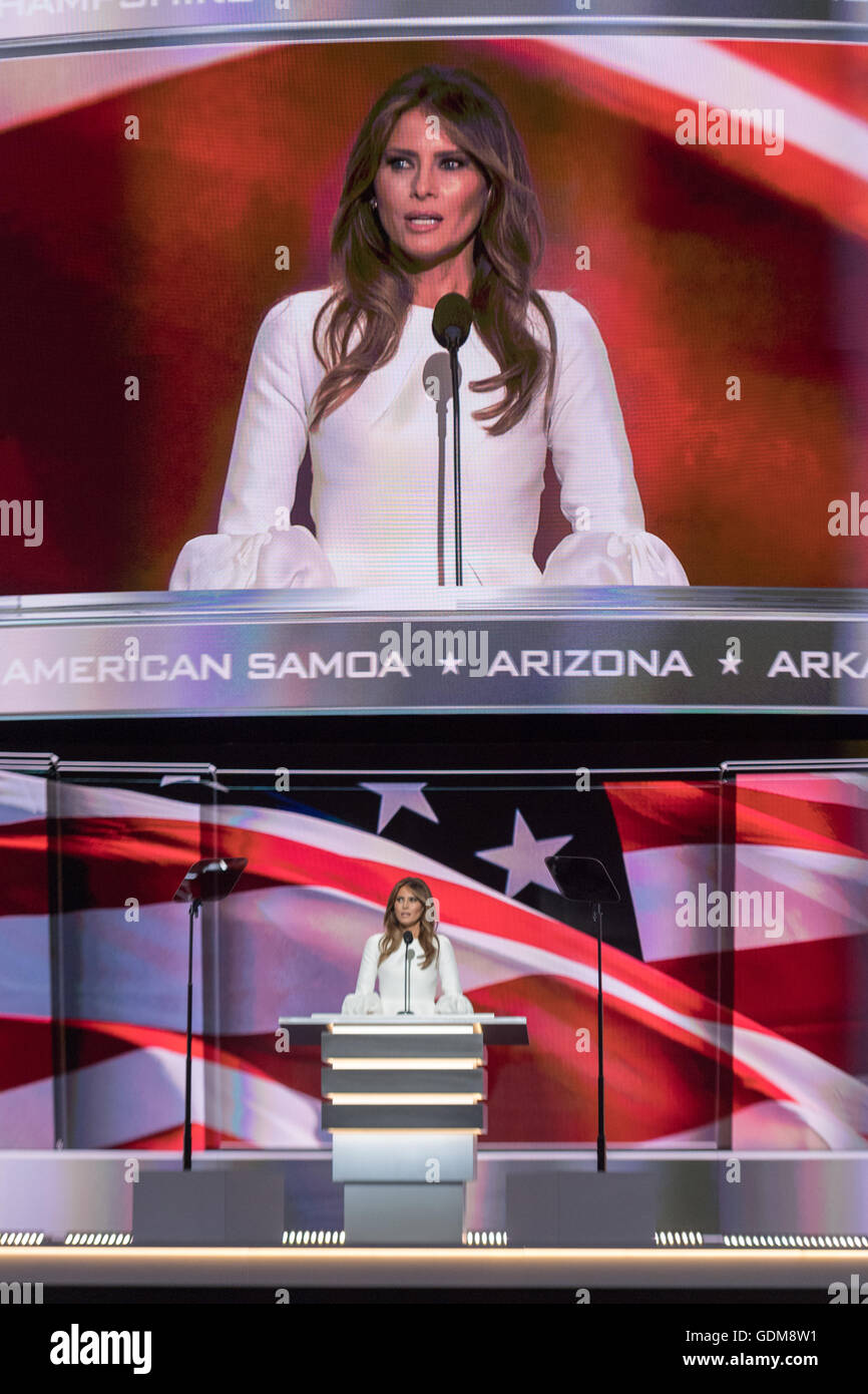 Cleveland, Ohio, USA. 18th July, 2016. Melania Trump, wife of GOP presidential nominee Donald Trump speaks during the first day of the Republican National Convention at the Quicken Loans Center July 18, 2016 in Cleveland, Ohio. Credit:  Planetpix/Alamy Live News Stock Photo