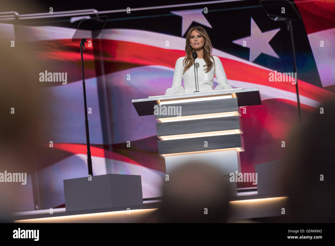 Cleveland, Ohio, USA. 18th July, 2016. Melania Trump, wife of GOP presidential nominee Donald Trump speaks during the first day of the Republican National Convention at the Quicken Loans Center July 18, 2016 in Cleveland, Ohio. Credit:  Planetpix/Alamy Live News Stock Photo