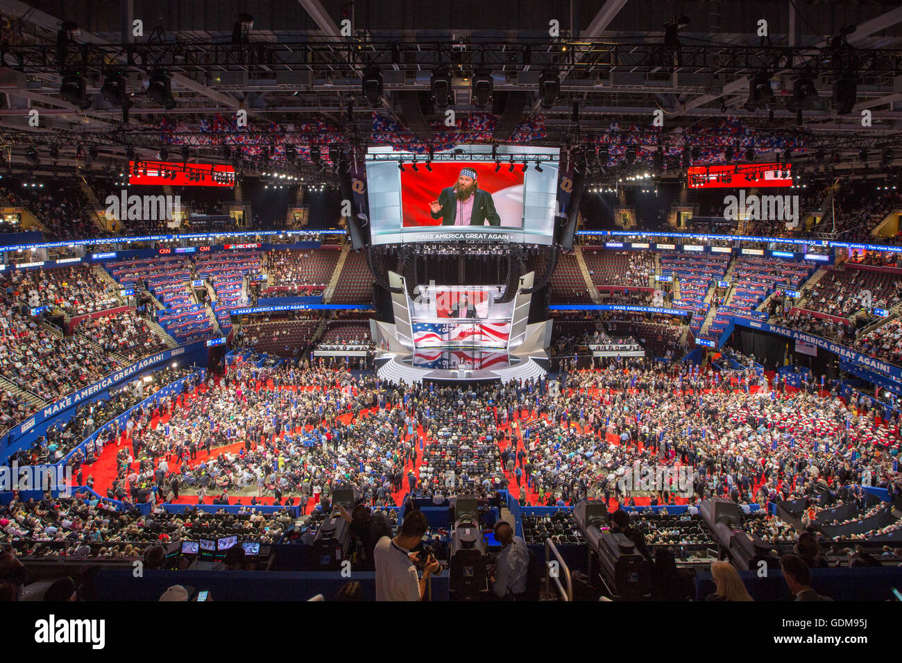Cleveland, Ohio, USA. 18th July, 2016. Inside the Quicken Loans Arena, while Duck Dynastry star Willie Robertson speaks. First day at the Republican National Convention. Credit:  Philip Scalia/Alamy Live News Stock Photo