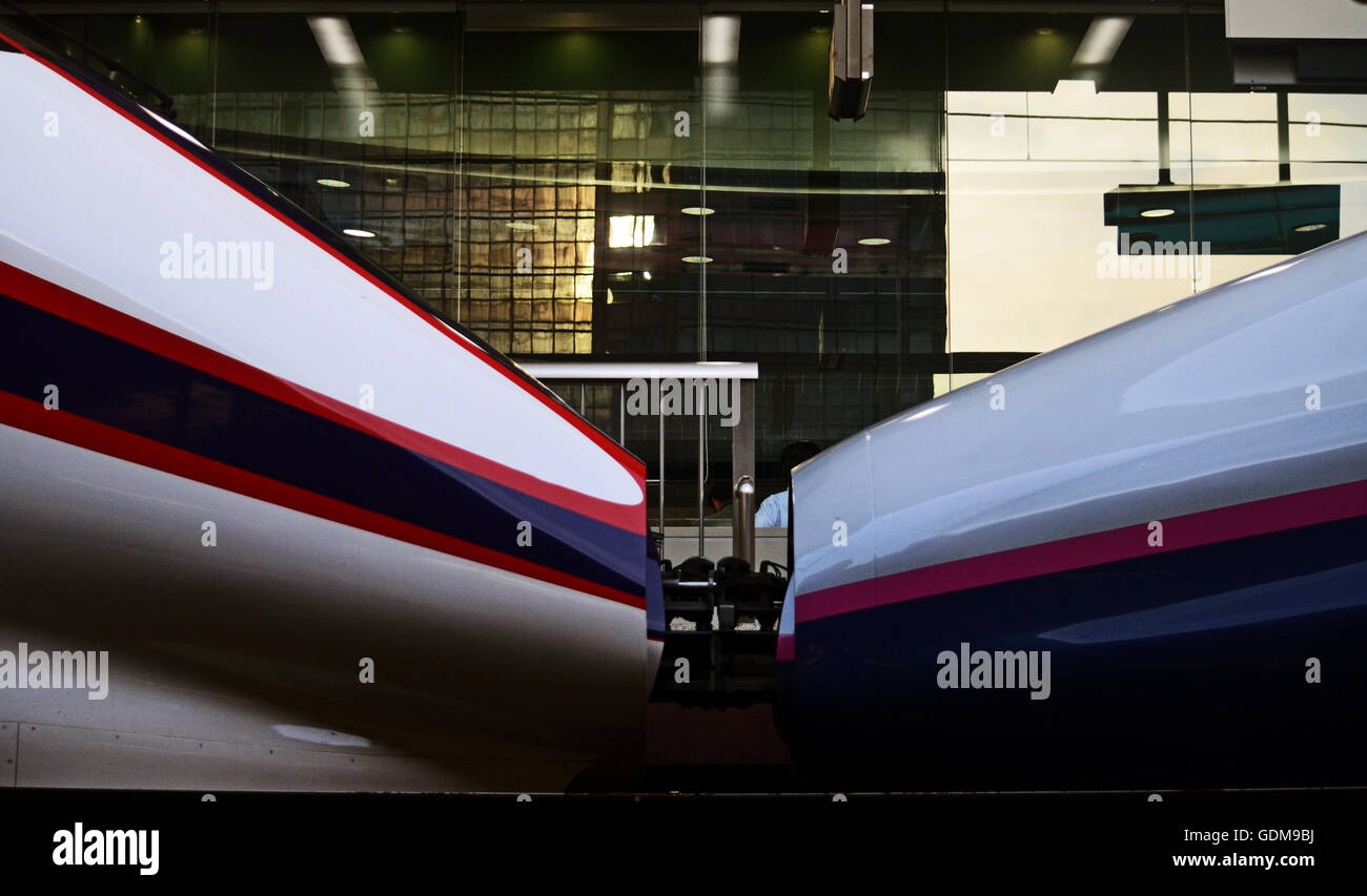 Tokyo, Japan. 16th July, 2016. (left) JR Eate Bullet Train Shinkansen (Yamagata Tsubasa)and JR East (Tohoku Shinkansen) can be seen conected at Tokyo Station. July 10, 2016. Photo by: Ramiro Agustin Vargas Tabares © Ramiro Agustin Vargas Tabares/ZUMA Wire/Alamy Live News Stock Photo