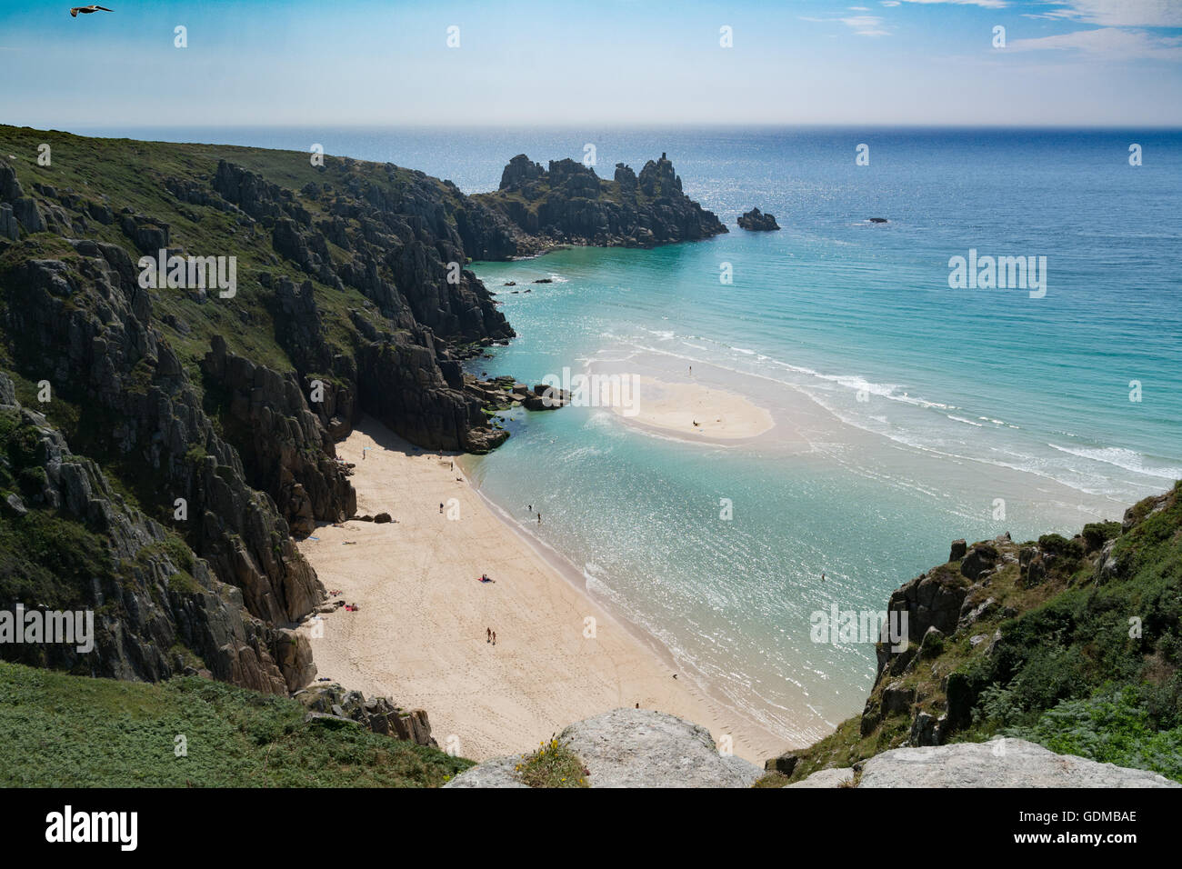 Treen, Cornwall, UK. 19th July 2016. UK Weather. People take to the sea in Cornwall to keep cool in the Heatwave. Credit:  cwallpix/Alamy Live News Stock Photo