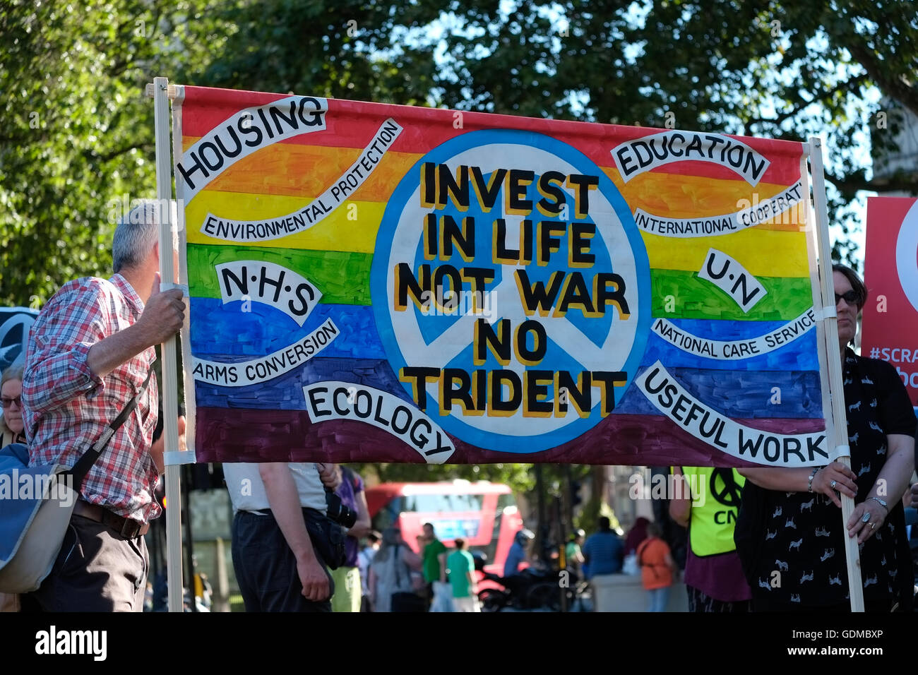 London, UK. 18th July, 2016. The Campaign for Nuclear Disarmament hold a protest in Parliament Square whilst the British Parliament decide on whether or not to spend £205 billion on replacing Trident, Britain's nuclear weapons system, on Monday 18th July.  Credit:  claire doherty/Alamy Live News Stock Photo