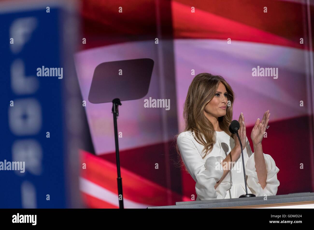 Melania Trump, wife of GOP presidential nominee Donald Trump speaks during the first day of the Republican National Convention at the Quicken Loans Center July 18, 2016 in Cleveland, Ohio. Stock Photo