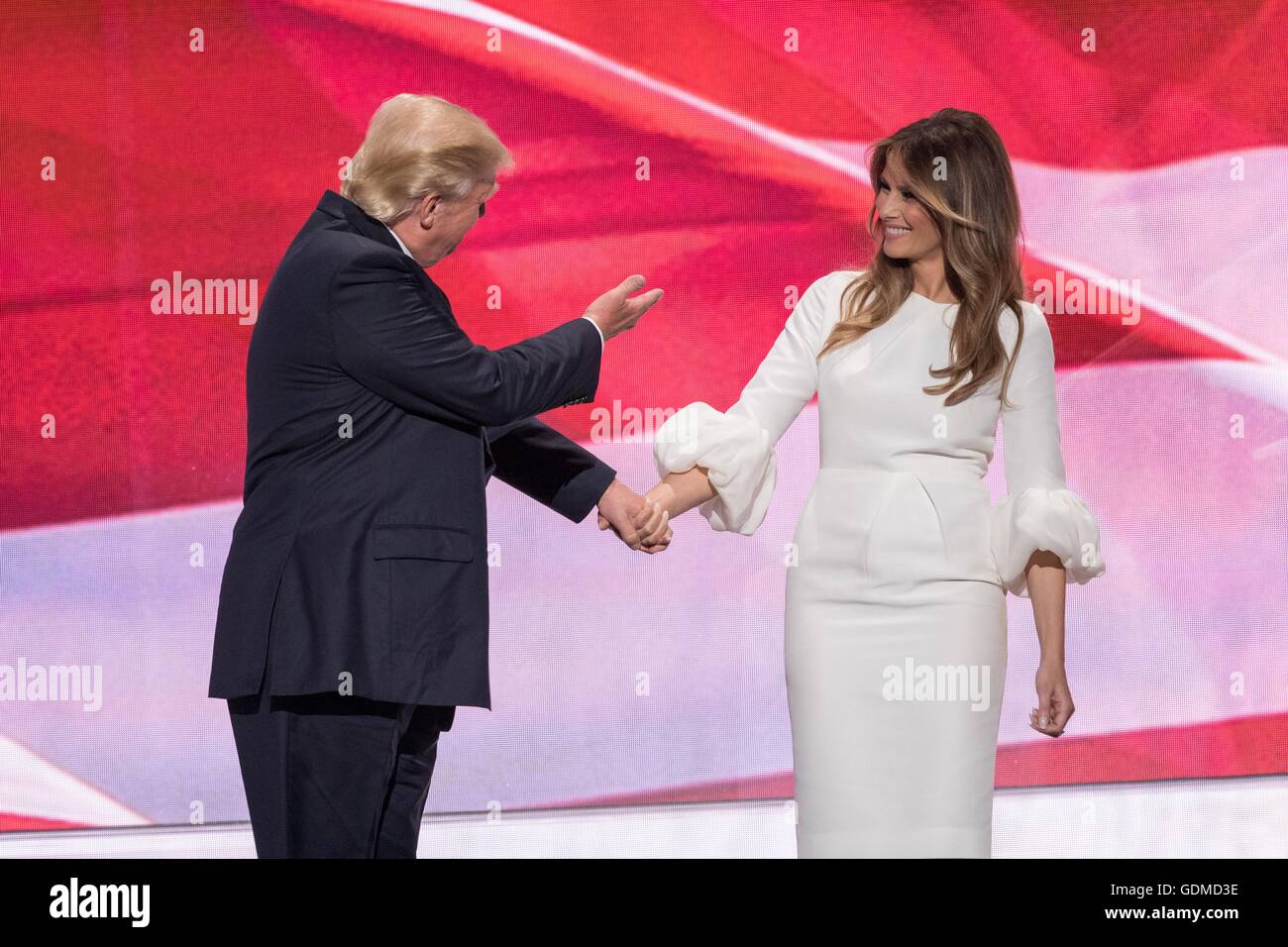 GOP presidential nominee Donald Trump gestures to his wife Melania Trump following her address during the first day of the Republican National Convention at the Quicken Loans Center July 18, 2016 in Cleveland, Ohio. Stock Photo