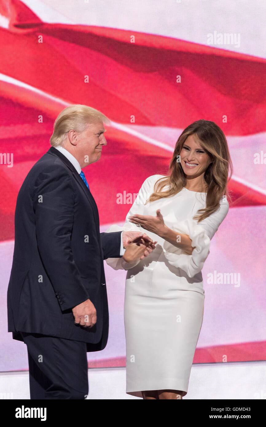 Melania Trump wife of GOP presidential nominee Donald Trump gestures to her husband in return following her address during the first day of the Republican National Convention at the Quicken Loans Center July 18, 2016 in Cleveland, Ohio. Stock Photo