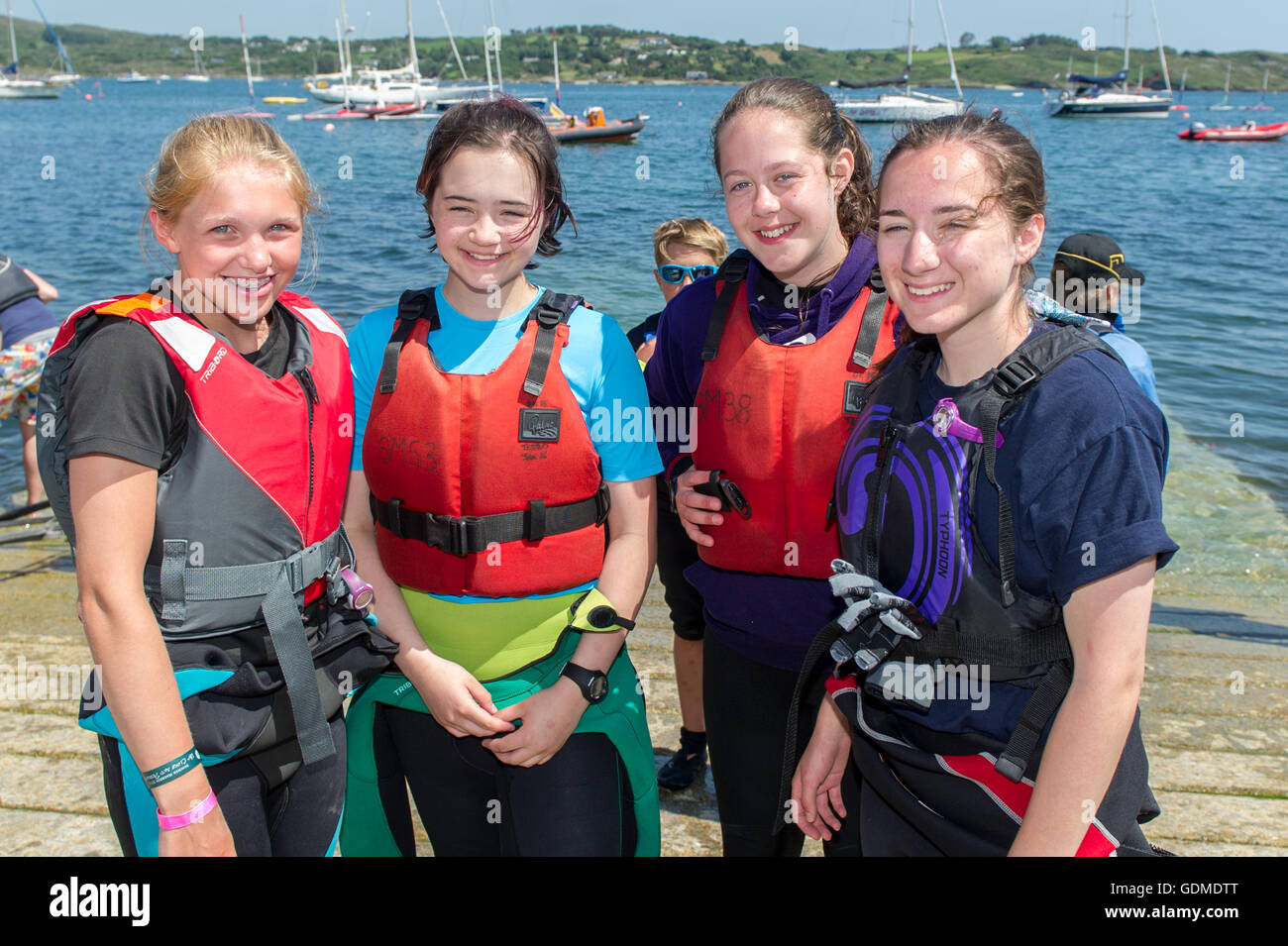 Schull, Ireland. 19th July, 2016. The Fastnet Schools International Sailing Regatta is aimed at beginners who want to sail competitively with the instructors teaching the participants everything they need to know.  The event is based at Schull Sailing Centre which has 3 Olympic hopefuls for 2020. Pictured at the regatta were Erin Camlin, Belfast; Rebecca Whyte, Bangor; Jenny Collins, Bangor and Melissa Ramm, Donaghadee. Credit: Andy Gibson/Alamy Live News Stock Photo