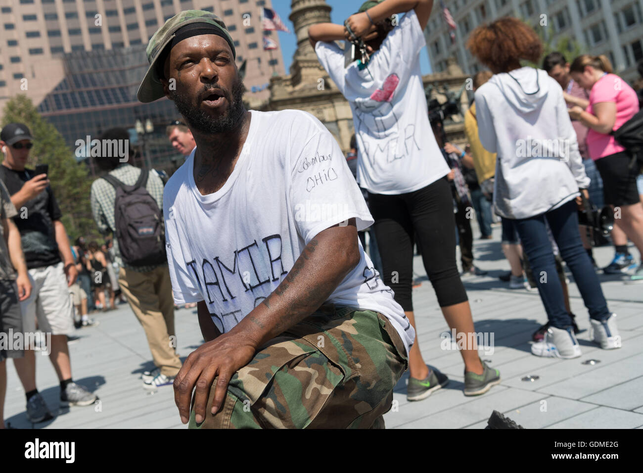 Cleveland, Ohio, USA. 19th July, 2016. A protestor brings attention to the shooting of Tamir Rice, a 12-year-old boy shot dead by police during a rally in Public Square near the Republican National Convention July 19, 2016 in Cleveland, Ohio. Credit:  Planetpix/Alamy Live News Stock Photo