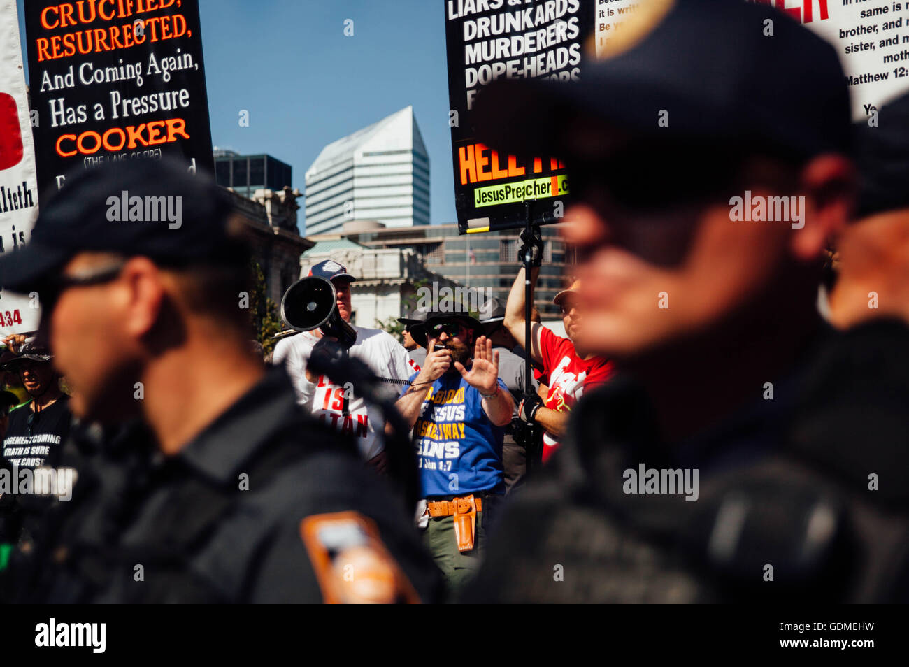 Cleveland, Ohio, USA. 19th July, 2016. Religious demonstrators are seen in Public Square in Cleveland Ohio July, 19, 2016 many activist and protest groups have arrived from across the country to demonstrat in Cleveland. Credit:  Seth Herald/ZUMA Wire/Alamy Live News Stock Photo