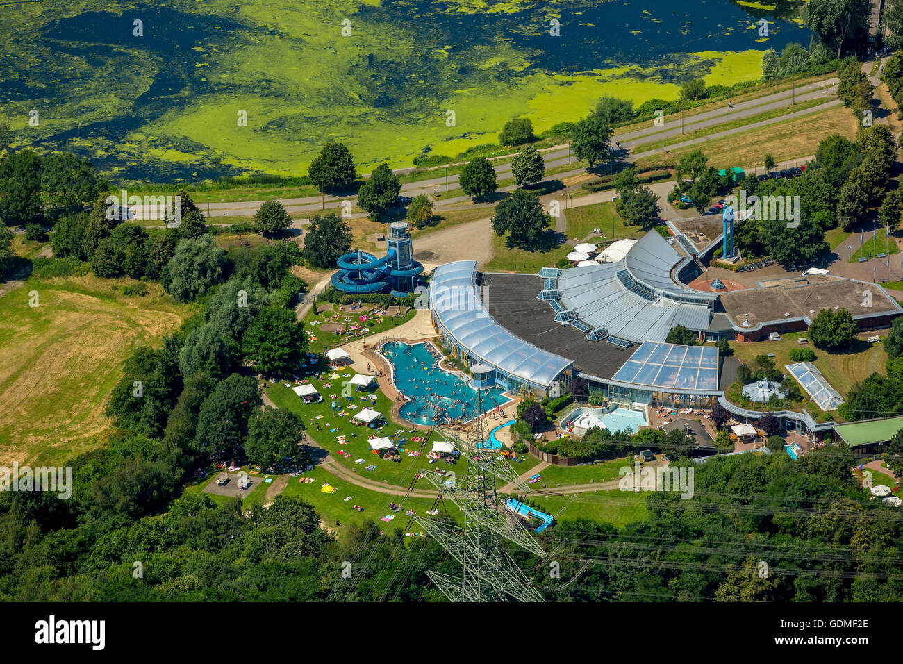 Witten, Germany 19th July, 2016 Aerial view, Bochum, Heveney - the spa in the Ruhr valley - leisure center Kemnade, outdoor pool on the edge of Kemnader lake Credit:  Hans Blossey/Alamy Live News Stock Photo