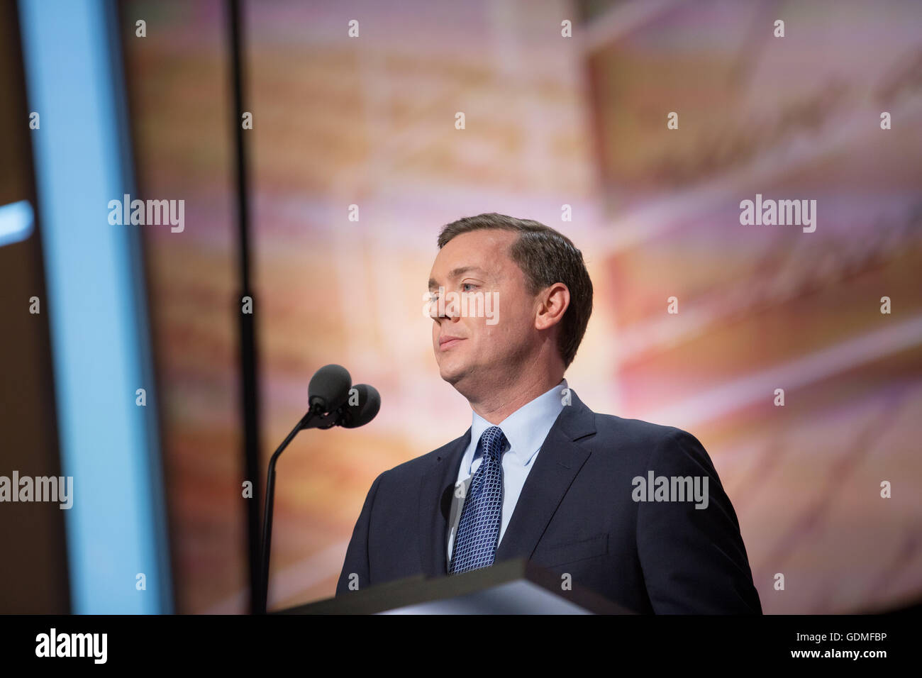 Cleveland, Ohio, USA. 19th July, 2016. National Rifle Administration (NRA) spokesman Chris Cox speaks on the second night of Republican National Convention. (Philip Scalia/Alamy Live News) Stock Photo