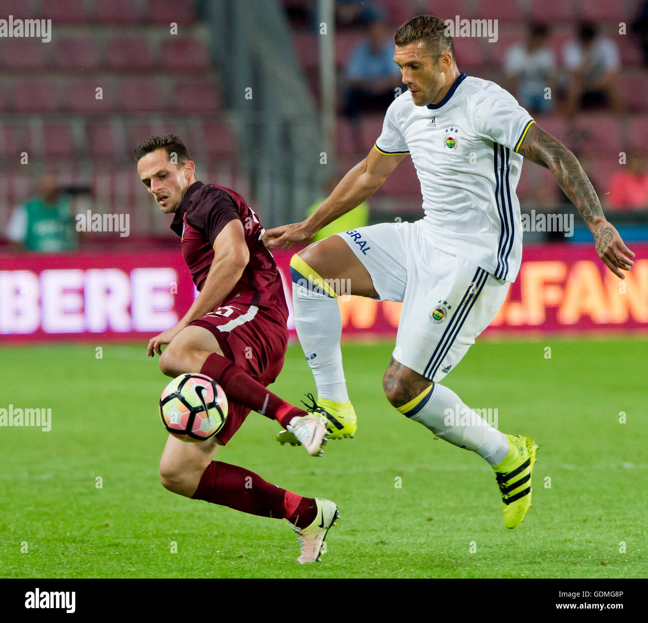 Prague, Czech Republic. 19th July, 2016. Mario Holek of Sparta, left, and Jose Fernandao of Fenerbahce in action during a friendly soccer match between AC Sparta Praha vs Fenerbahce Istanbul, in Prague, Czech Republic, July 19, 2016. © Vit Simanek/CTK Pho Stock Photo