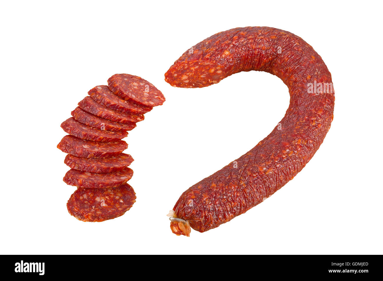 Dry sausage salami isolated on white background, focus stacking Stock