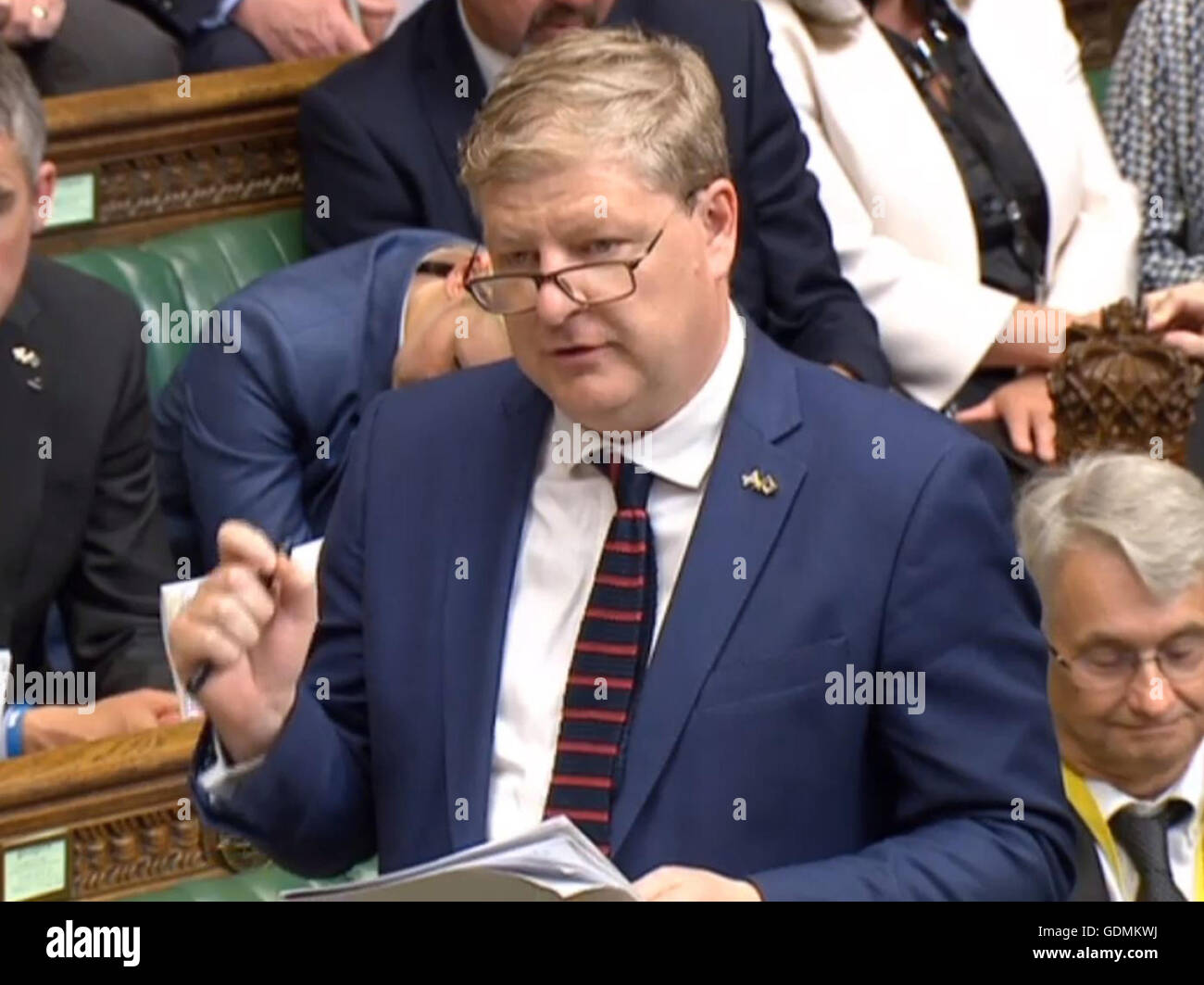 SNP Westminster leader Angus Robertson speaks in the House of Commons in London during a debate on whether to renew the Trident nuclear deterrent. Stock Photo