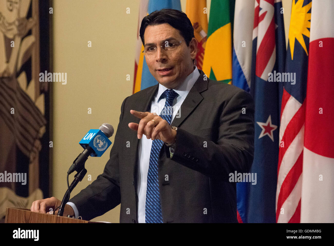 Permanent Representative of Israeli to the United Nations Ambassador Danny Danon speaks to the press at the Security Council stakekout. Before the start of a United Nations Security Council briefing on Iran's compliance with the Joint Comprehensive Plan of Action with regard to its nuclear activities (negotiated July 14, 2015 and implemented on January 16, 2016), Israeli Ambassador to the UN Danny Danon spoke to the press outside the Security Council chamber, reaffirming Israel's contention that Iran remains a key international threat, at UN Headquarters in New York City. (Photo by Albin Lohr- Stock Photo