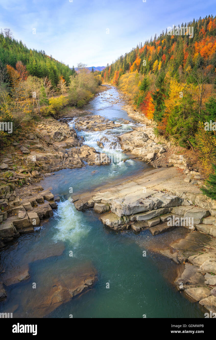 beautiful fast mountain river in autumn forest Stock Photo