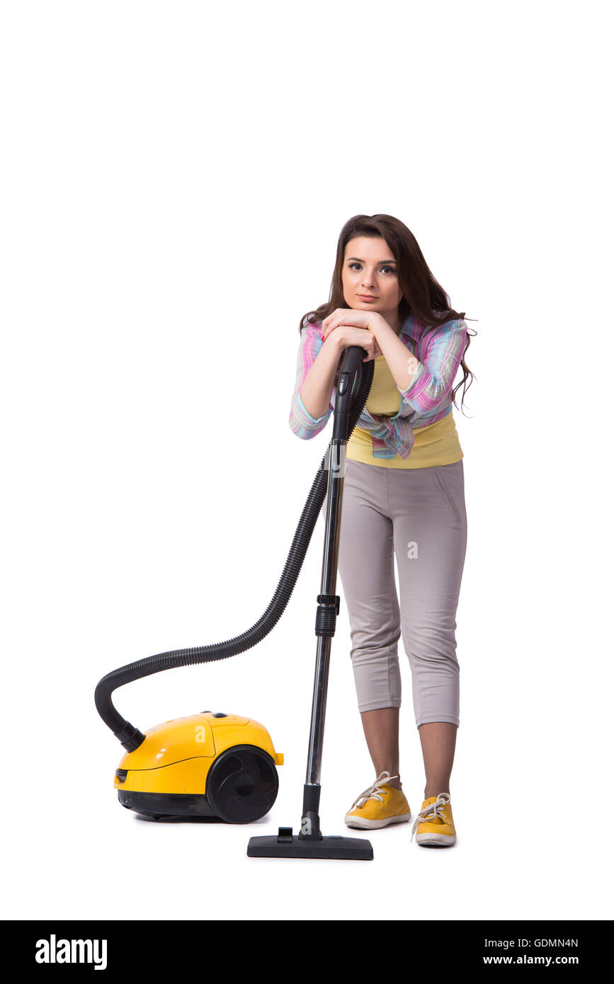 Woman with vacuum cleaner isolated on white Stock Photo - Alamy