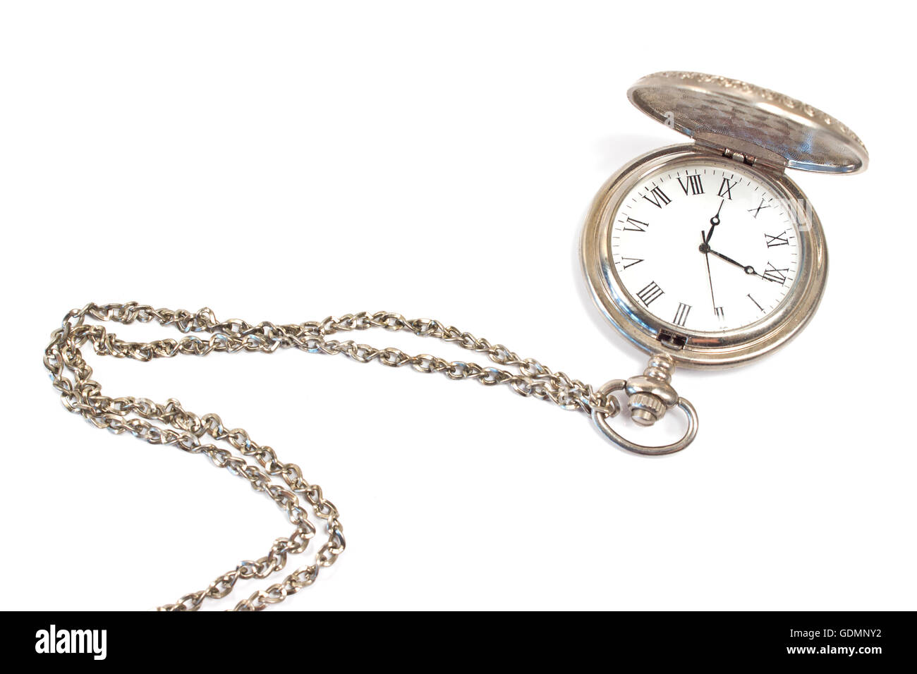 Old pocket watch with chain isolated on white Stock Photo