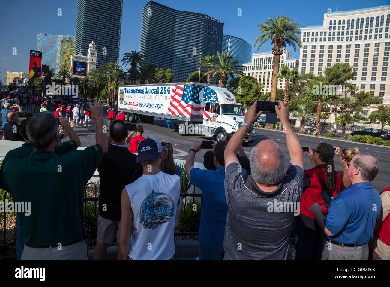 Las Vegas, Nevada Teamster trucks parade on The Strip during the