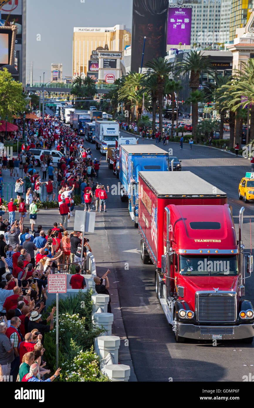 Las Vegas, Nevada - Teamster trucks parade on The Strip during the union's convention. Stock Photo