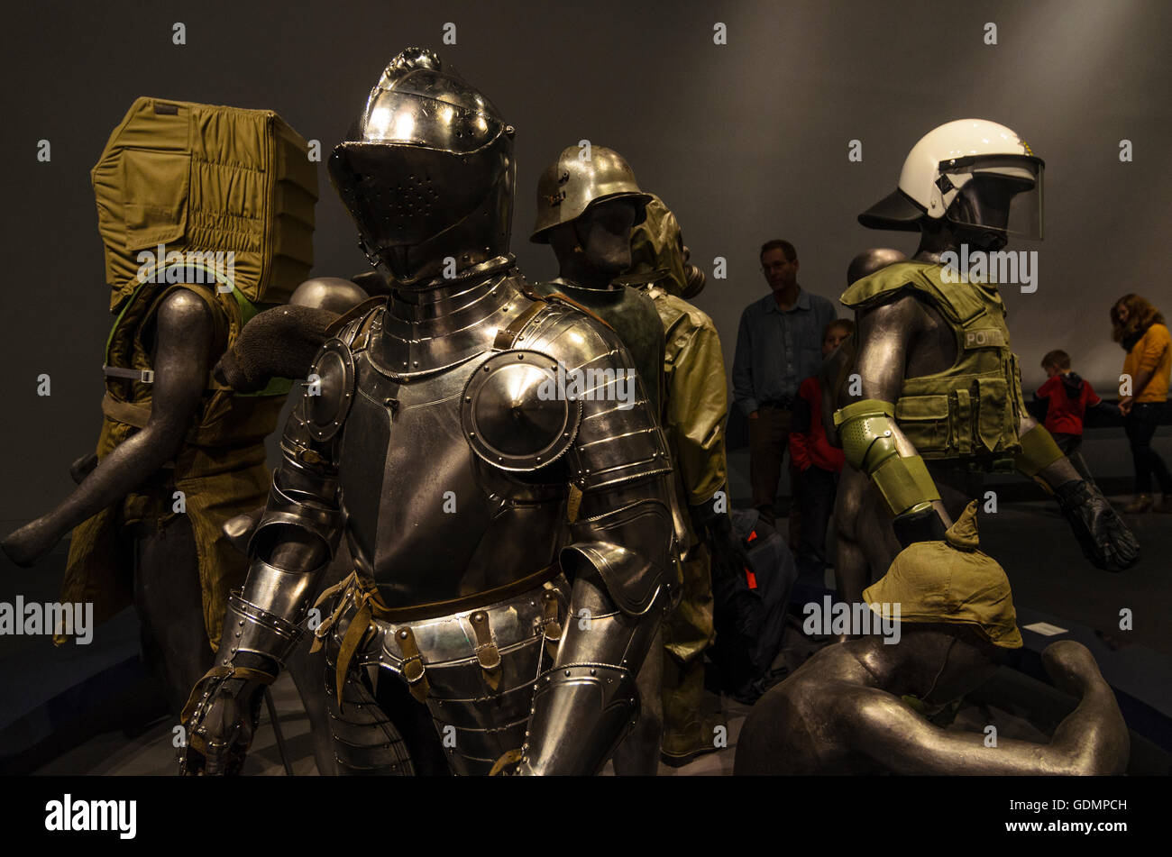 Dresden: Bundeswehr Military History Museum : various historical types of body armor in the exhibition part of protection and de Stock Photo