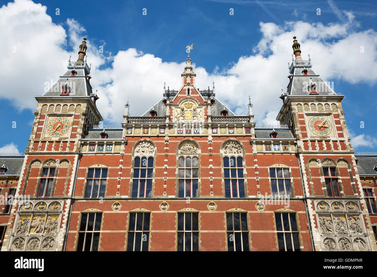 Amsterdam Central Station detail in the sunny day, Netherlands. Stock Photo