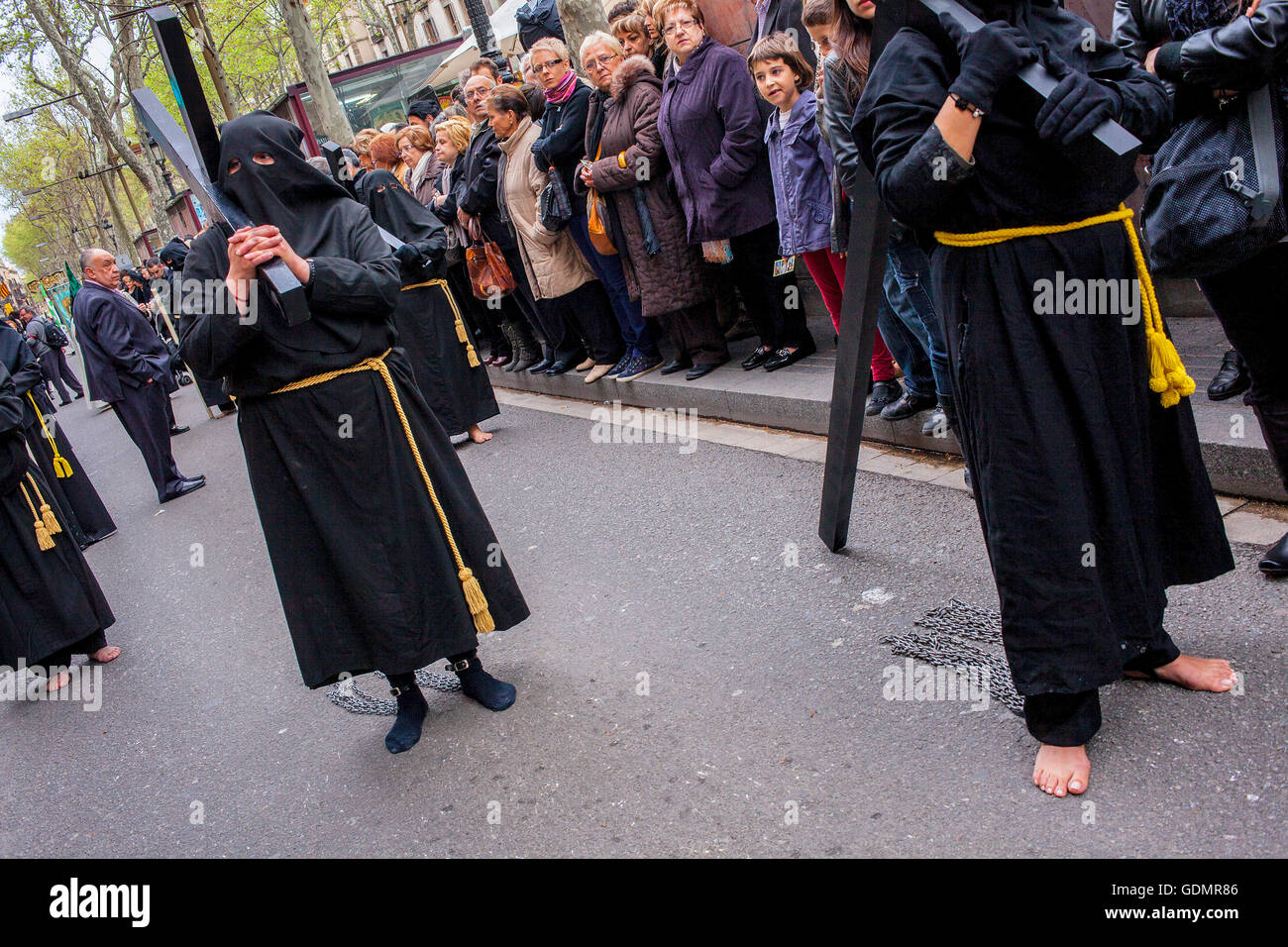 Hooded penitents  in procession, sisterhood of JesÃƒÂºs del Gran Poder y virgen de la Macarena,Good Friday, Easter week,La Rambl Stock Photo