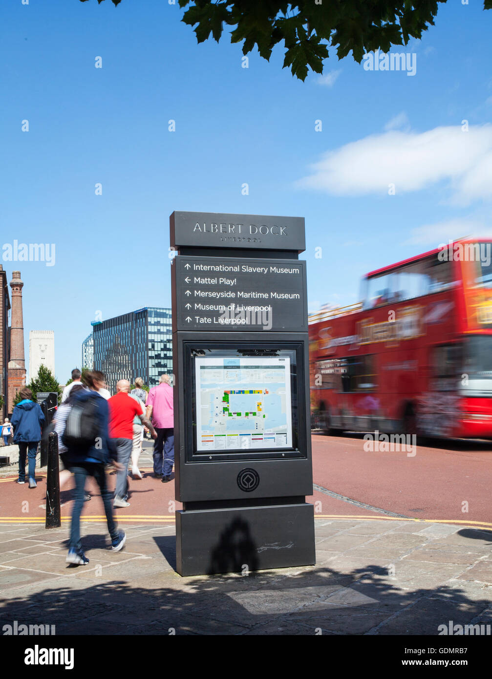 Tourist guiding information signs, signage tour map in Albert Dock, Liverpool UK. Top-Rated Tourist historical attractions & locations on waterfront visitor guide in the UNESCO World Heritage Site city centre. Stock Photo